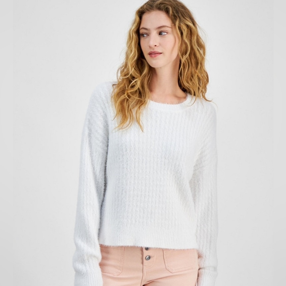 WOMEN'S WHITE RIBBED EYELASH DROP SHOULDER SWEATER SIZE LARGE NWOT